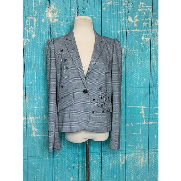 CeCe gray plaid embroidered floral one button blazer size 12 - Picture 10 of 13